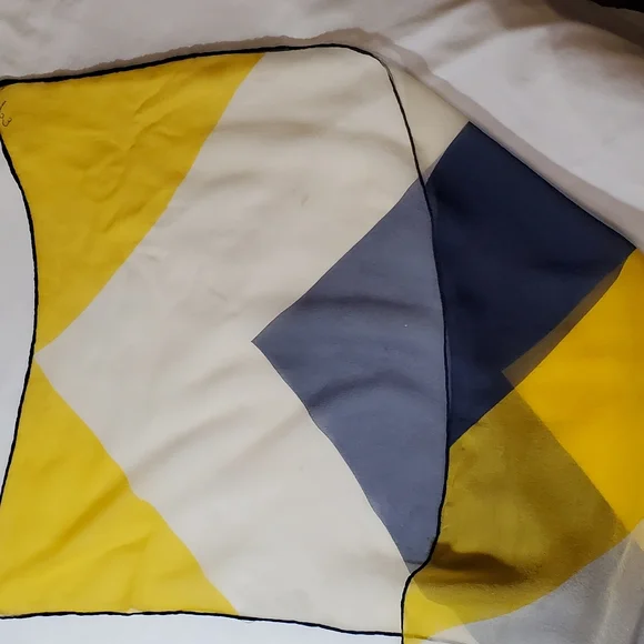 Semi-transparent White Navy and Yellow Chevron Print Vintage Silk Scarf - Picture 10 of 15